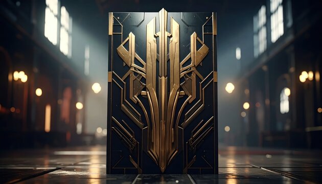 Black and gold Art Deco pylon in library