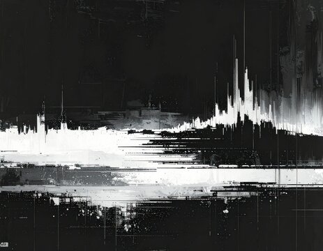 Black and white abstract digital glitch skyline.