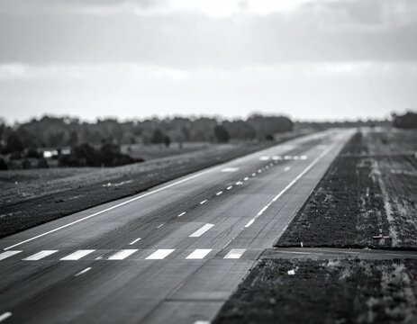 Black and white airport runway stretching into horizon.