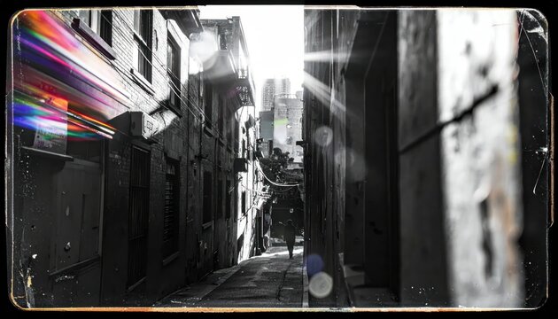 Black and white alley with rainbow light leaks.