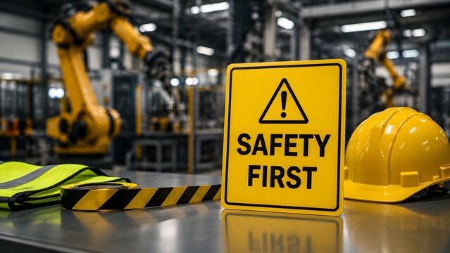 Yellow safety first warning sign with hard hat and caution tape in a modern automated manufacturing factory with robotic arms