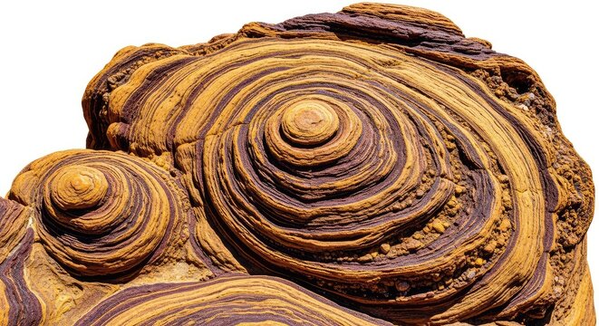 A detailed close-up of a unique rock formation featuring intricate fossil-like patterns and textures in warm earthy tones of ochre and brown, arid, rugged, organic