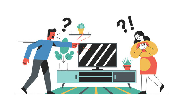 Angry man pointing aggressively at a television screen during a domestic argument with a worried and stressed woman in a living room.