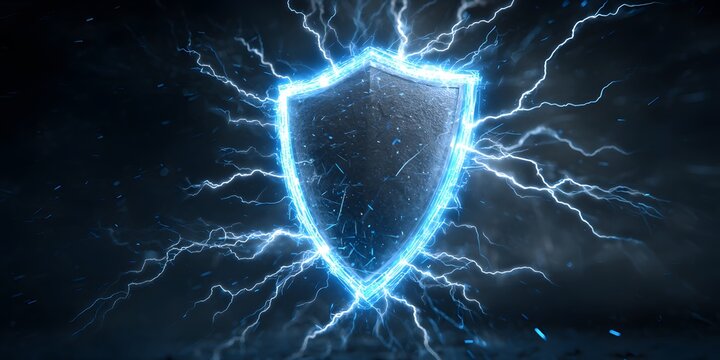 Glowing blue energy shield with electric lightning bolts radiating across a dark background.