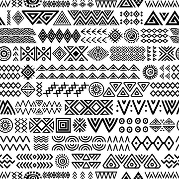 Seamless ethnic pattern, hand-drawn ethnic geometric elements, African or Indian style tribal pattern, isolated on white background, vector print