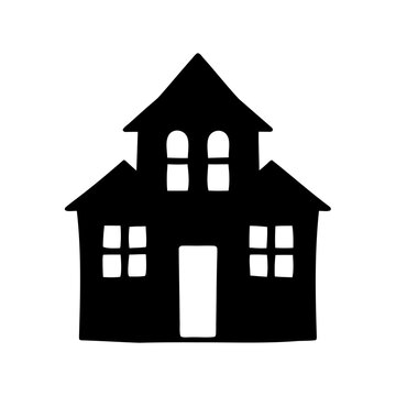 Simple black house icon with chimney and windows - Minimalist black silhouette of a quaint house featuring a chimney, door, and windows, ideal for icons or illustrations.