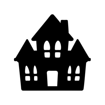 Black silhouette haunted house icon - A sleek black silhouette of a classic haunted house with pointed roof and arched windows, perfect for spooky or Halloween-themed designs.
