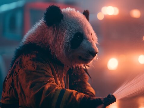 Cinematic Giant Panda Firefighter in Protective Gear During Emergency Rescue Operation