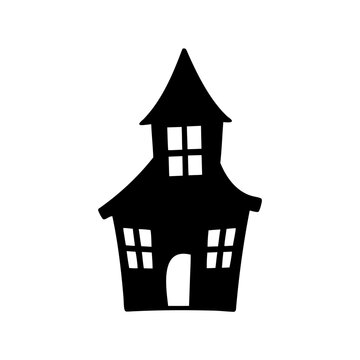 Black silhouette haunted house icon - Minimalist black haunted house silhouette with pointed roof and windows, ideal for spooky or Halloween-themed designs.