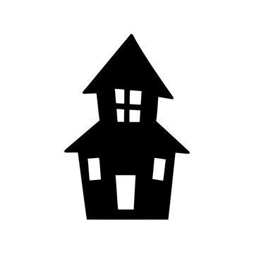 Simple black silhouette haunted house icon - Minimalist black silhouette of a classic haunted house with pointed roof and windows, perfect for spooky themes or seasonal designs.