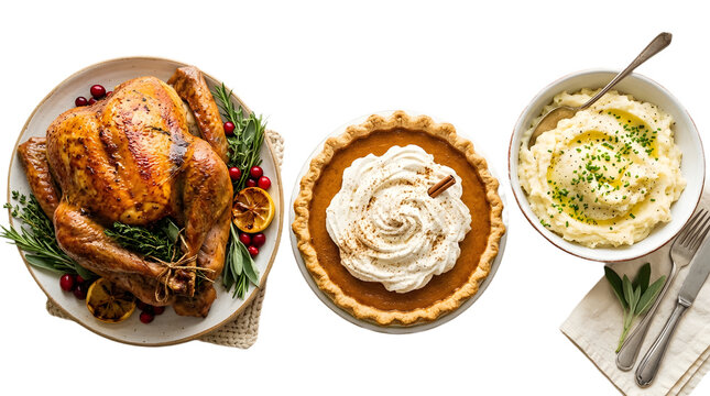 Thanksgiving dinner with roasted turkey, pumpkin pie, and mashed potatoes isolated on transparent background