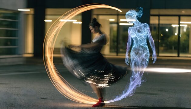 Elegant graceful ballerina spinning mid-air accompanied by glowing light trail partner, dynamic fluid motion blur art effect, high speed dark background contemporary dance performance.