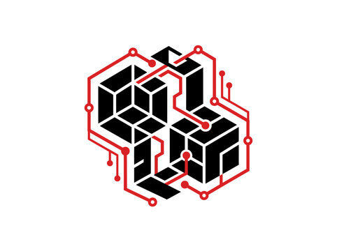 Abstract Geometric Structure With Tech Circuitry and Cubes