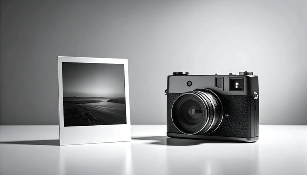 Black rangefinder camera and landscape instant photo.