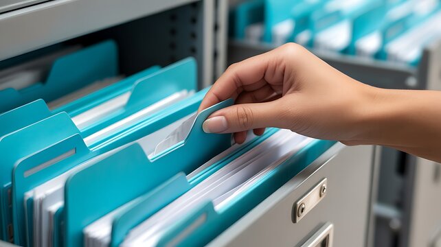 A close-up photograph of a hand organizing turquoise hanging file folders inside a metal office filing cabinet drawer