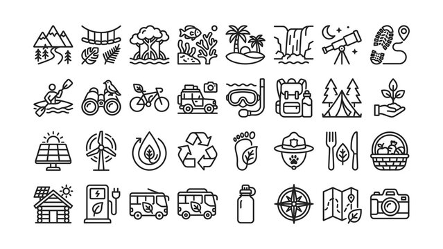 Collection of outdoor adventure and ecofriendly lifestyle icons isolated on transparent background