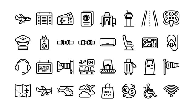 Collection of travel and airport related icons isolated on transparent background