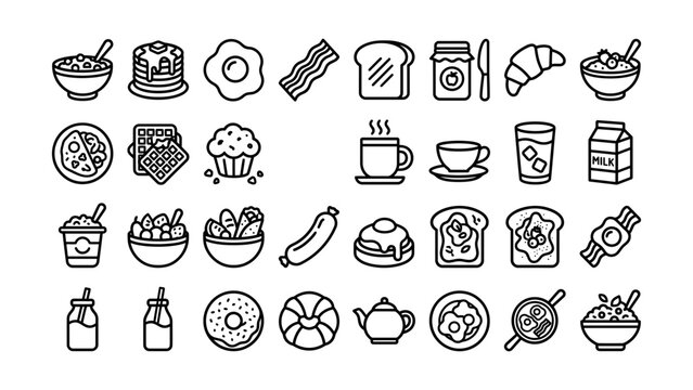 Collection of black line food icons with transparent background for various dishes