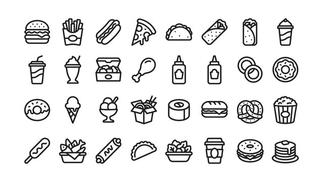 Collection of various food and drink icons isolated on transparent background