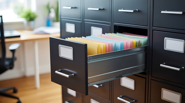A close-up photograph of an open filing cabinet drawer containing organized colorful folders for professional document management