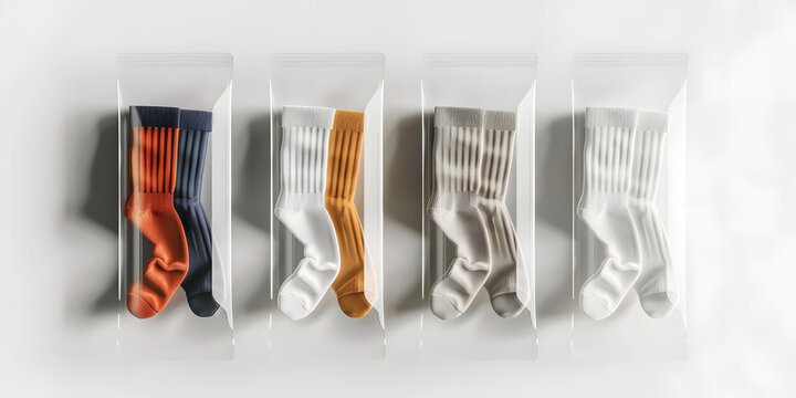 Four pairs of socks are packaged in clear plastic sleeves.