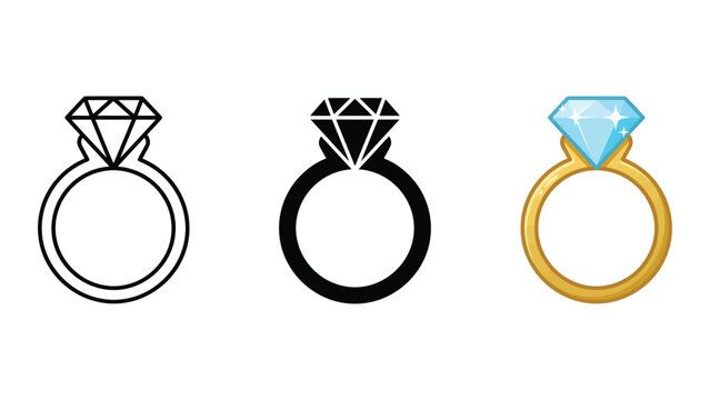 Set of three diamond ring icons in outline, solid black, and colored styles