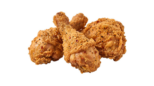Three pieces of crispy breaded fried chicken legs isolated on transparent background
