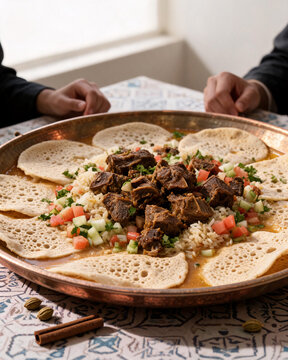 Traditional Moroccan lamb tagine with rice and msemen bread served on a copper platter at a dining table