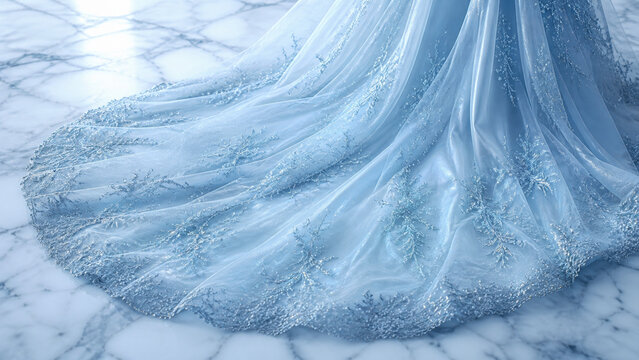 Ice blue bridal gown train on marble floor