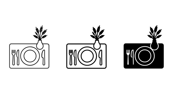 Restaurant Place Setting Icons: Plate, Cutlery, Vase, Plant. Minimalist Dining Table Arrangement Vector Graphics