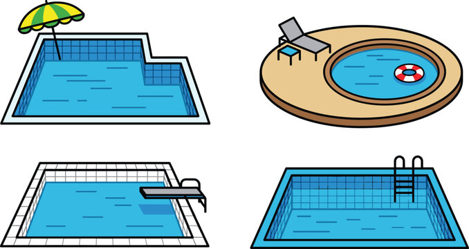 Swimming Pool Icon Vector Set Featuring Different Pools with Diving Board Umbrella Ladder and Lounge Chair for Summer Vacation Graphics