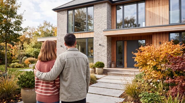 Rear view of a young couple hugging while standing in front of a modern contemporary two-story luxury home in autumn.

