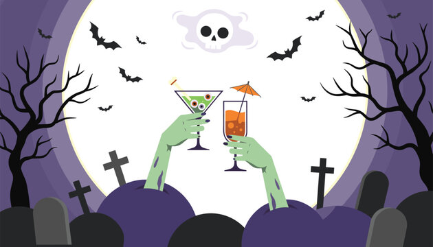 Spooky halloween scene with zombie hands raising cocktail glasses in a cemetery under a giant full moon with bats and skull.
