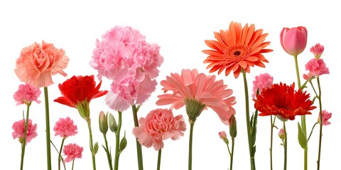 Obraz premium A vibrant arrangement of pink, coral, and red carnations, gerberas, and a tulip displayed against a white background.