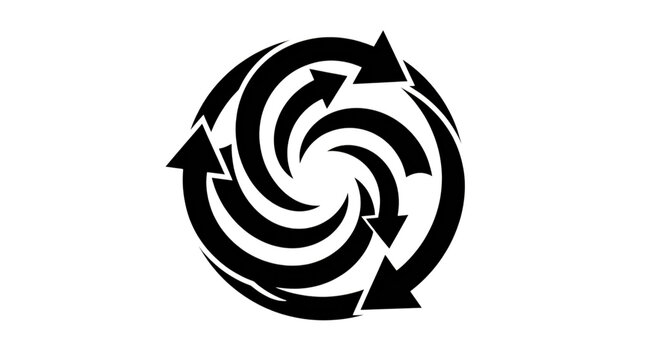 Circular spiral arrow icon representing continuous motion, recycling, or a vortex pattern in black isolated on transparent background