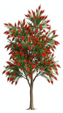 Vibrant red bottlebrush tree in full bloom with lush green foliage against a white background