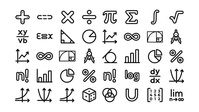 Set of mathematical and statistical icons with various symbols and illustrations