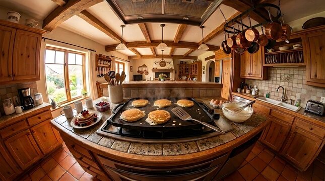 Fisheye Lens Pancake Kitchen Scene Exaggerated Distortion
