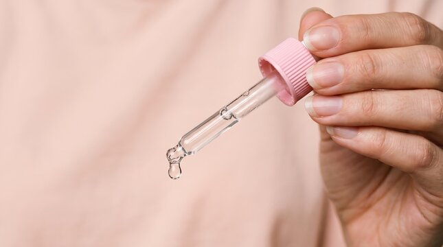 Close up of female hand holding glass dropper with clear serum droplet forming at tip against soft pink background for beauty skincare cosmetics product advertising and medical testing