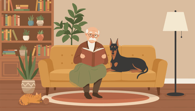 Senior man reads an interesting book on a yellow couch beside his big dog while a cute cat sleeps on the floor rug.