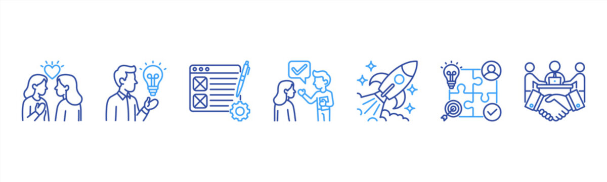 Design Thinking web banner featuring Empathy, Ideation, Prototype, Testing, Innovation, Solution, and Collaboration for creative problem solving and product development.