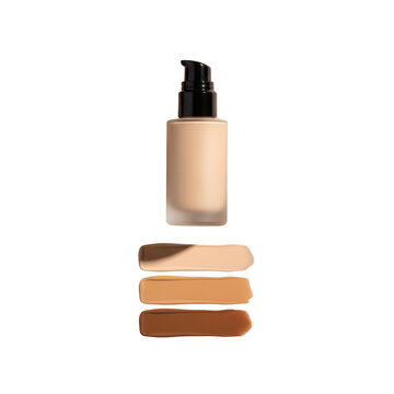 Liquid foundation makeup bottle with various skin tone swatches on transparent background