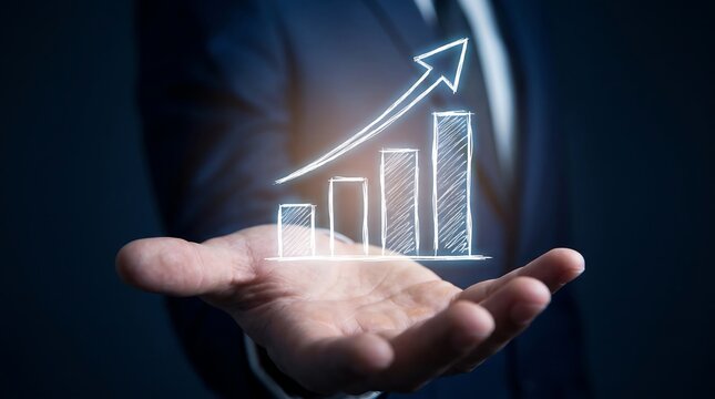 Business professional in suit holding glowing digital bar chart floating above hand representing financial growth and corporate success in dark office setting for investment strategy concepts