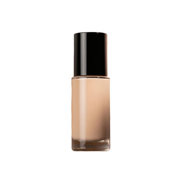 Liquid skin foundation makeup in glass bottle with black cap, isolated on transparent background