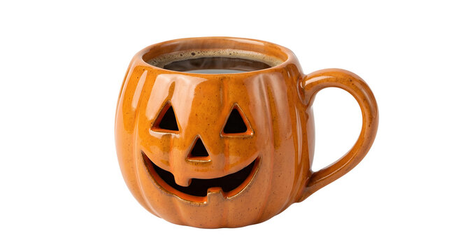 Orange ceramic coffee mug shaped like a smiling jack-o-lantern pumpkin with triangular eyes and a toothy grin, filled with black coffee, isolated on a white background featuring pumpkin mug