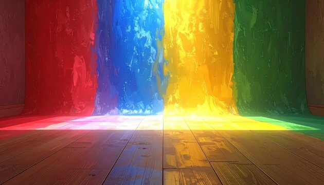 Bright light illuminating multi-colored wall panels on wood flooring.
