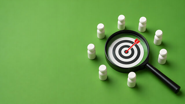 Magnifying glass highlights target board with red arrow surrounded by white peg figures on green background. Audience targeting and customer acquisition vector concept. Ideal for marketing banners.