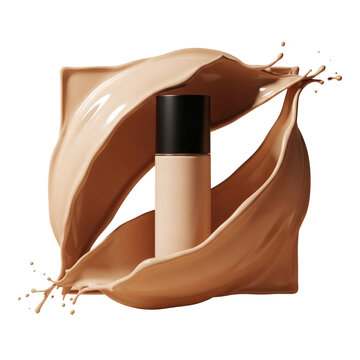 Liquid beige foundation makeup bottle with dynamic cream splashes on transparent background