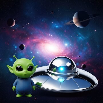Adorable green alien stands beside a sleek chrome flying saucer in a bright celestial landscape filled with glowing planets and cosmic dust, metallic, discovery, light