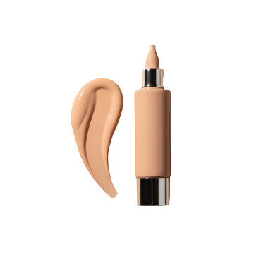 Liquid cosmetic foundation bottle with makeup smear swatch isolated on a transparent background